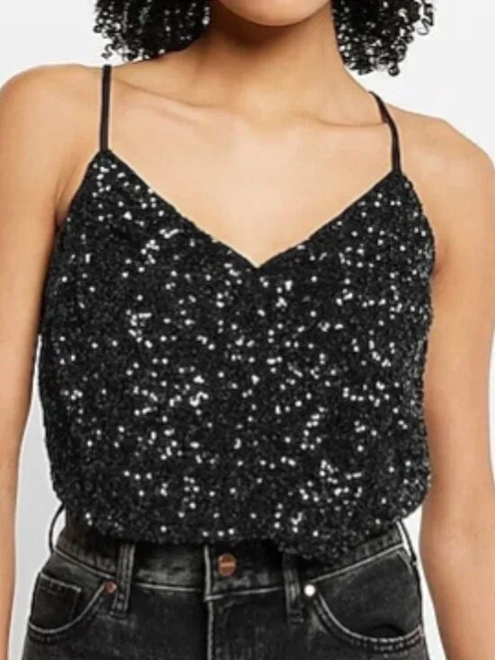 Express Sequin Faux-Wrap Cami Black Bodysuit Women's Size Small - Picture 1 of 7